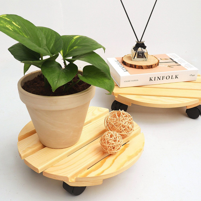 morningscent 이동식 원목 화분 바퀴 받침대, 원형, 1개