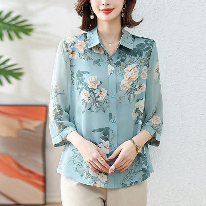PETITBAT여성 플라워 패턴 실크 블라우스 셔츠 7부 소매 봄WZS60130
