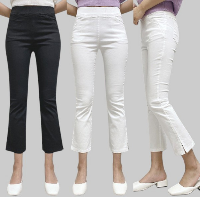 [제이엠스타일] 국산!! 4컬러) S~XL 여성 여름 밴딩 8부 옆트임 스판 부츠컷 팬츠 여자 나팔바지 빅사이즈 면바지 썸머 쿨 블랙 화이트 검정 아이보리 베이지 키작녀 봄 가을