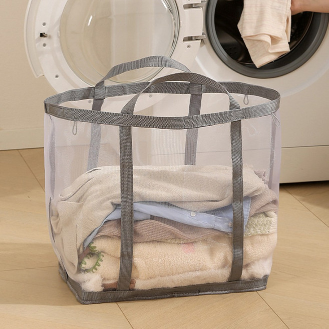 이지몰 대용량 메쉬 빨래 바구니 손잡이 세탁 햄퍼, 그레이