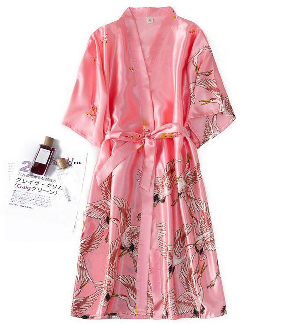 情侶睡衣女春秋夏長款仙鶴睡袍晨袍新娘冰絲綢浴袍性感家居服和服 副廠商品
