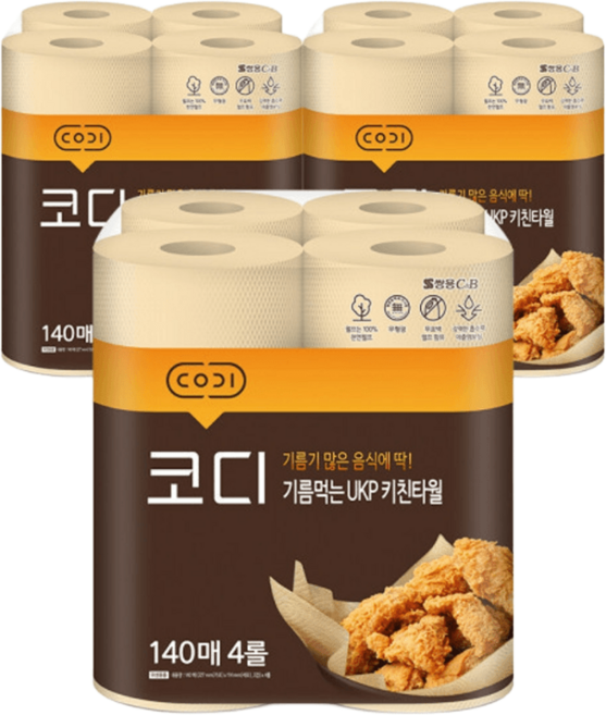 코디 기름먹는 UKP 키친타월 140매 4롤 3팩