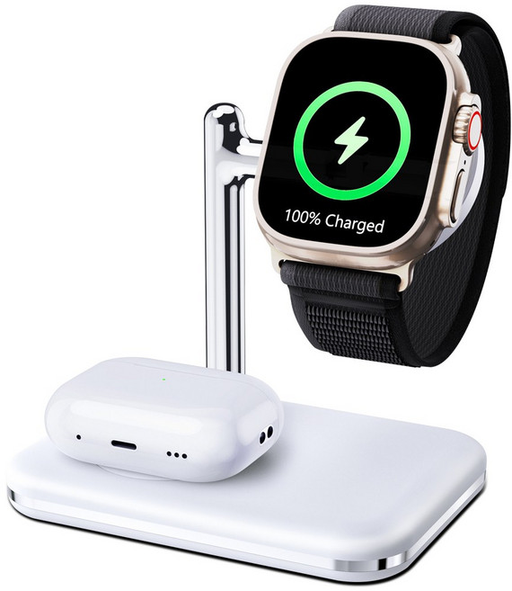 더조은셀러 애플워치 에어팟 2in1 웨어러블 듀오 스탠드 동시 듀얼 무선충전기 C타입 10W, 화이트