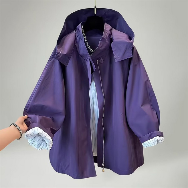 Vezri 여성 봄 가을 루즈핏 후드 코트 캐주얼 버튼 디자인 면 혼방 자켓