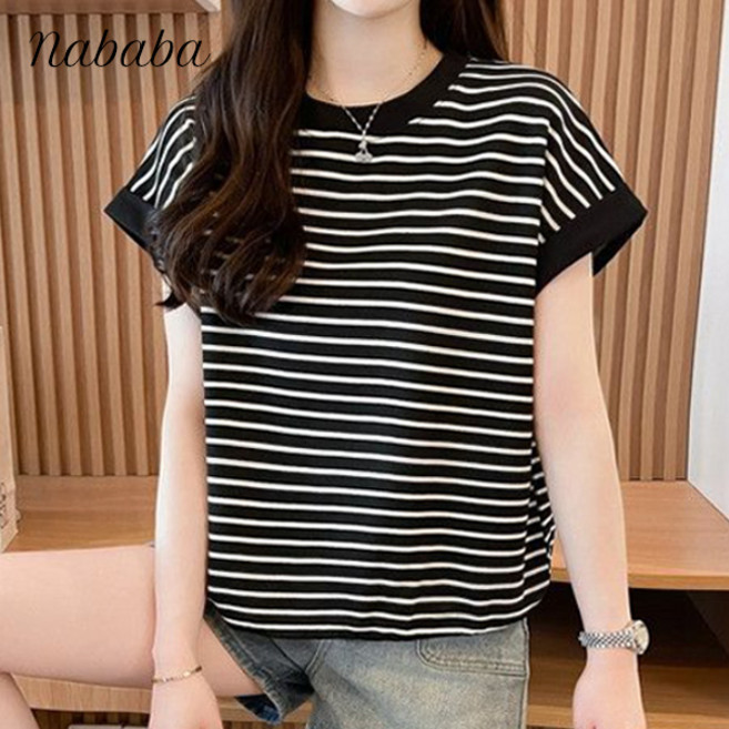 나바바 NT2544 여성 캐주얼 밑단 스트링 단가라 캡소매 티셔츠