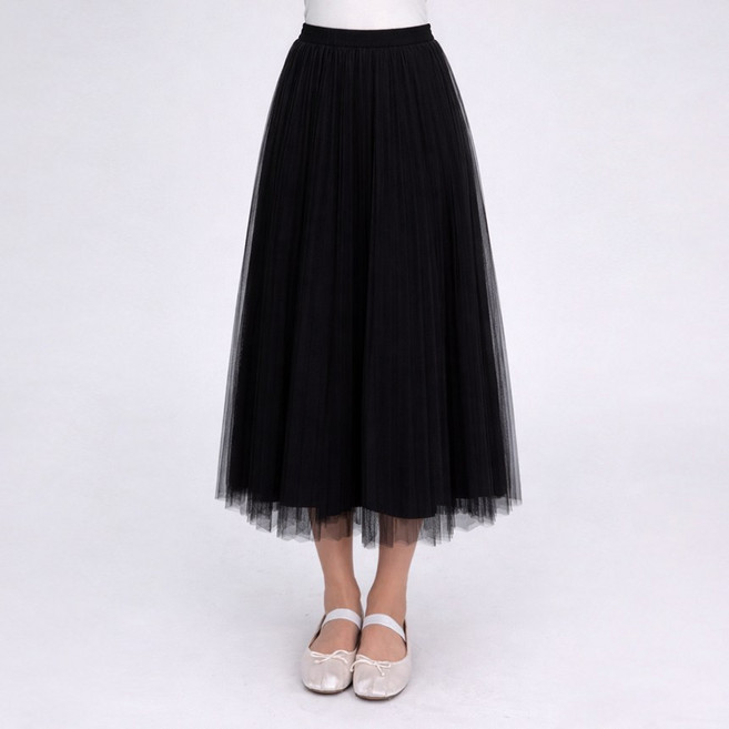 글로우 더블 플리츠 밴딩 플레어 레이스 샤 스커트