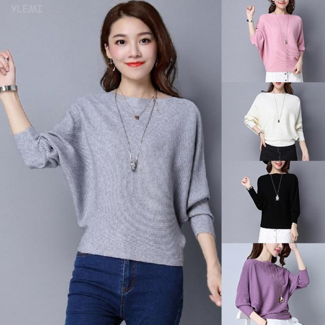 YLEMI 여자 봄가을 가오리핏 니트 스웨터 루즈 빅 사이즈 긴팔 톱