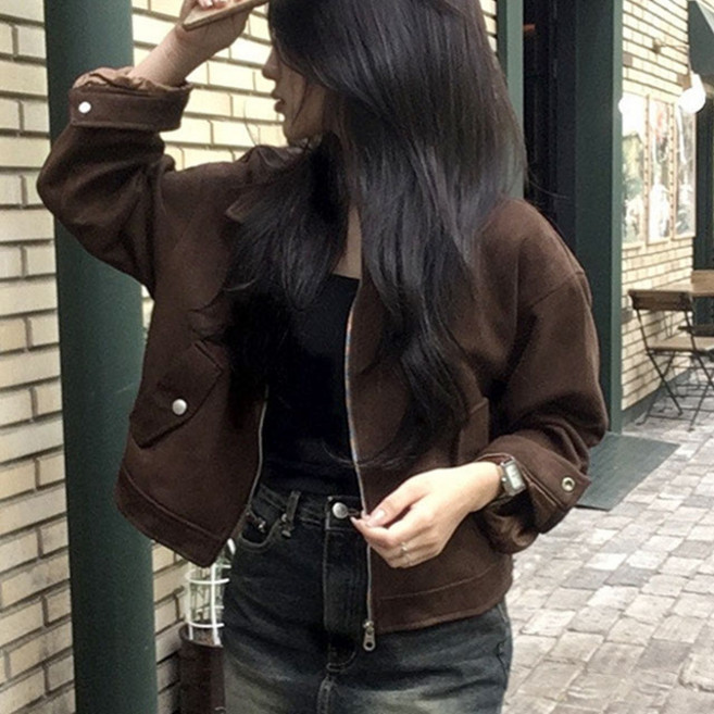 [주문폭주/당일출고] 빈티지 세미크롭 버튼 긴팔 스웨이드자켓 (벚꽃 봄코디옷 어텀잠바 집업 할로윈코디 점퍼 오버핏 빅사이즈 키작녀룩 일본 해외여행 주머니 숏 무스탕 하객룩 수학여행