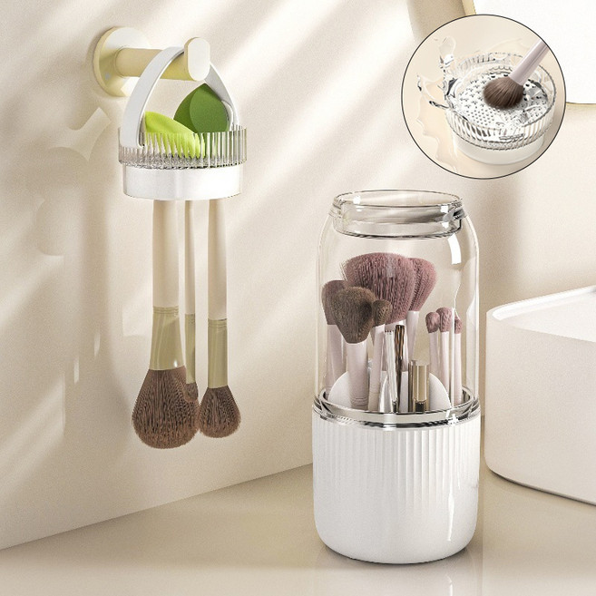 호밍사이 메이크업 브러쉬 세척 건조 수납 3in1 대용량 회전형 수납통, 화이트