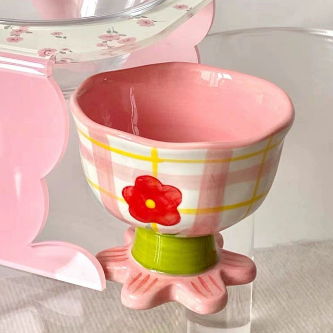 차니글로벌 카페 요거트볼 아이스크림 튤립 디저트, 1개, 핑크 체크 작은 꽃 컵
