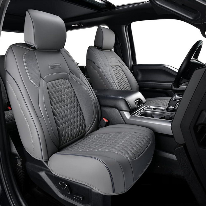 Coverado Ford F150 Seat Covers Full Set Gray Car Seat Covers Waterproof Faux Leather Full Coverag, 앞좌석, 회색