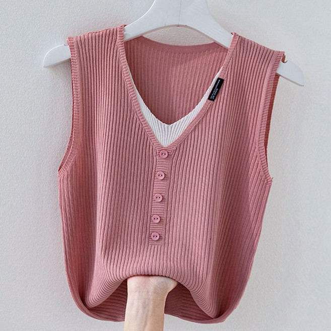 ROYALBELLE 여성 브이넥 버튼 포인트 루즈핏 레이어드 빅사이즈 데일리 니트 나시 티셔츠 V01012911