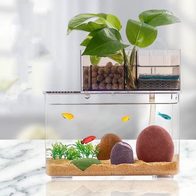一心 水族 魚菜共生（含過濾系統）積木小魚缸 造型魚缸 生態缸 免換水懶人 兩棲生態自潔, 1個, 迷你桌缸含水泵（不含濾材、造景）, 透明
