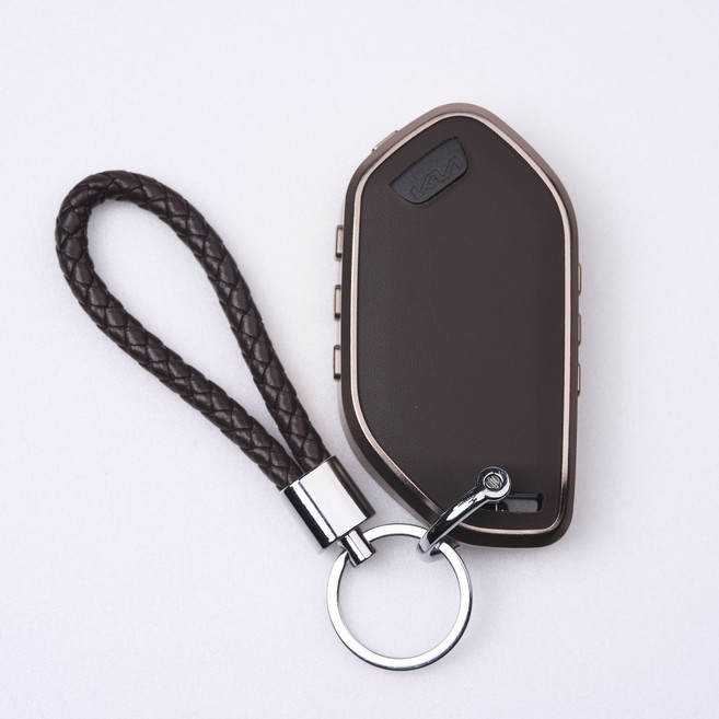 옳다스토어 기아 신형 가죽 메탈 키케이스, 9버튼, 브라운 세트