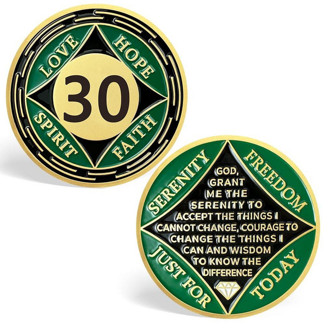 30 Year NA Medallions Green 30 Year NA Coin Sobriety Chips - Love Hope Spirit Faith Addiction