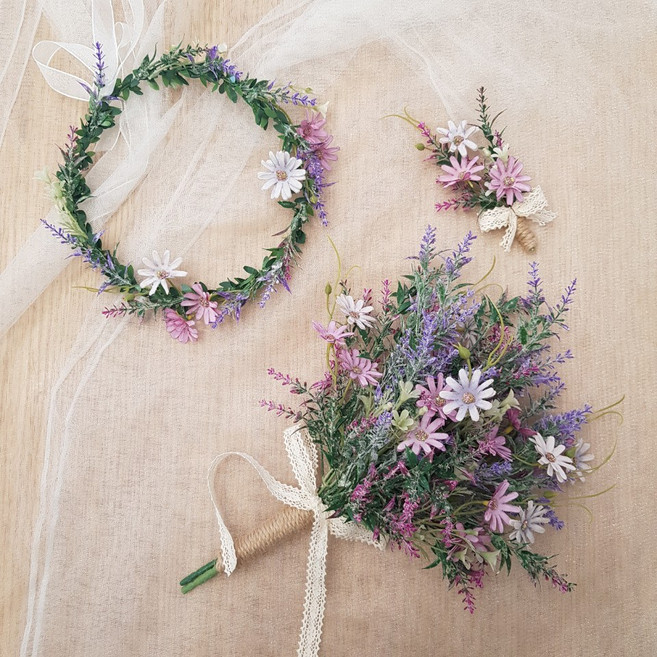 아티제이플라워 들꽃 라벤더 조화 부케 3종 세트 (부케+부토니에+화관), 부케+부토니에+화관+베일, 1개