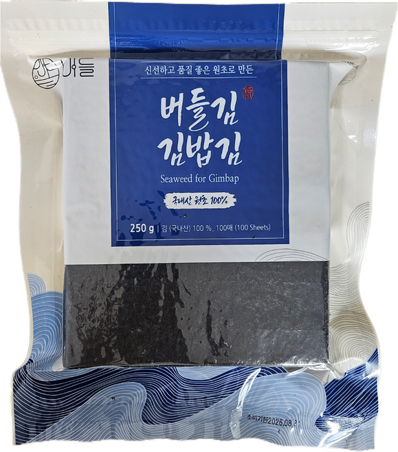 [버들김] 단단하게 잘 말리는 국내산 김밥김 전장김 생김 (지퍼백) 100매, 250g, 1개