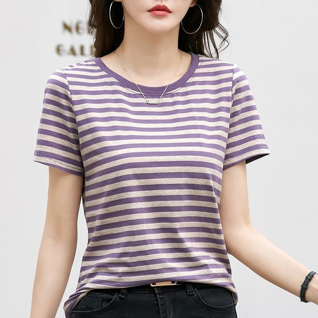 히트그램 여성 라운드넥 단가라 스트라이프 반팔티