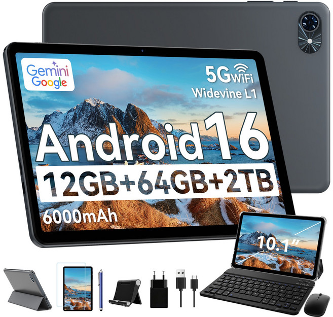 TABWEE 10인치 Android16 태블릿 pc 패키지 Gemini 2.0 2026신형 12GB+64GB 2TB확장 키보드펜 포함 5G WiFi 6000mAh 패키지, 회색, 64GB, Wi-Fi