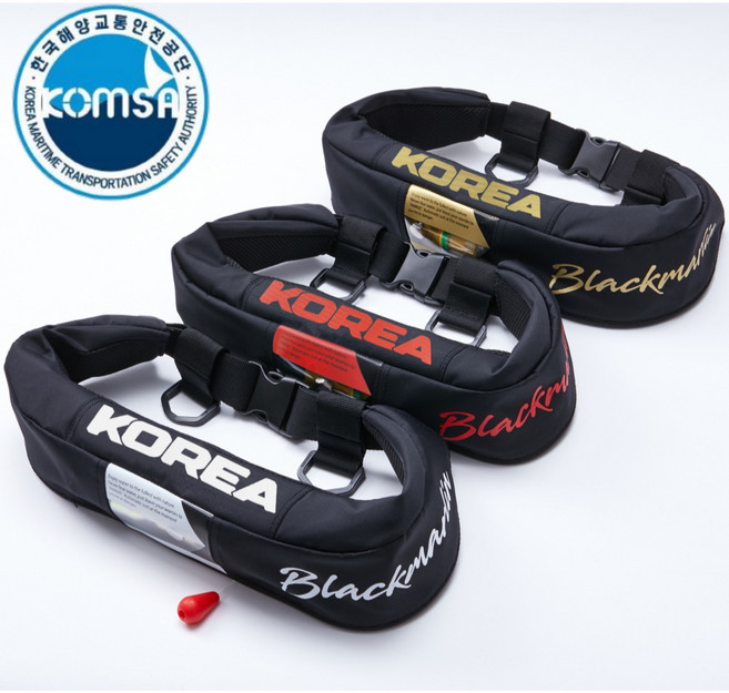 블랙마린 허리벨트형 자동팽창식 구명조끼 해양수산부 형식승인 착용성향상형 KOMSA 콤사 선상 배낚시 낚시 갯바위 성인 바다