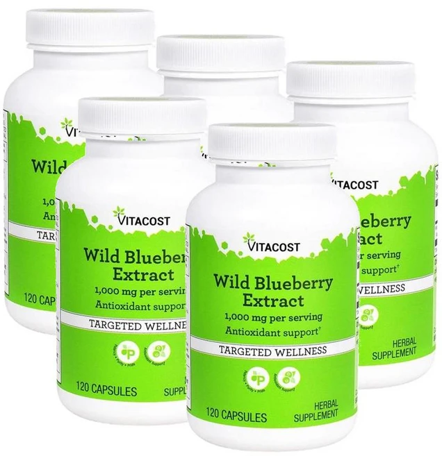 비타코스트 와일드 블루베리 추출물 1000mg 퍼서빙(60일분) Vitacost Wild Blueberry Extract, 5개, 120정 - 쿠팡