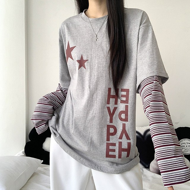 [유니크힙/4col] 하입 루즈핏 레터링 배색 레이어드 긴팔 티셔츠