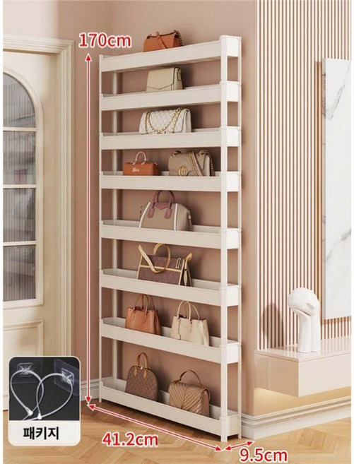 문뒤수납장 가방 폭좁은 얇은 인테리어 틈새 좁은 공간 슬림 틈새장 선반, 폭 9.5CM 8단 + 후크