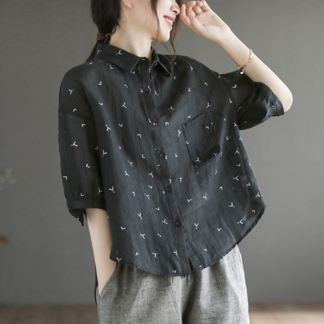 별후이 여성용 여름 빅 사이즈 루즈핏 싱글 버튼 잔꽃 7부소매 면마 티셔츠0f7ghh07LL