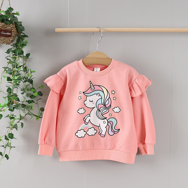 피에르 국내생산 여아용 아동 프릴 유니콘 맨투맨 티셔츠