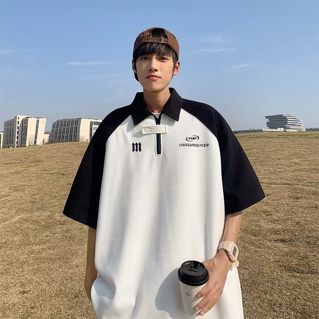 와플 반팔티셔츠 남 여름 터틀넥 골프셔츠 상의 트렌드 아메리칸 빈티지 하이 스트리트 T83-P28