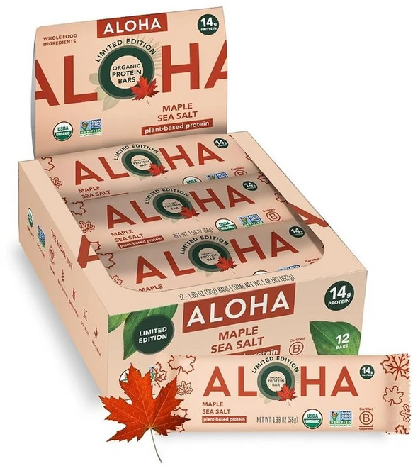 ALOHA 식물 기반 단백질 바 땅콩 버터 초콜릿 칩 12개 56.1 g1.98 온스 저설탕 글루텐 프리 팔레오 저탄수화물 스테비아 콩 설탕 알코올 없음 140790, 메이플 씨 솔트 - 쿠팡