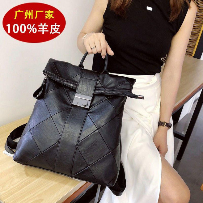 羊皮雙肩包 真皮背包 大容量 女包 防盜書包 輕便旅行包, 高貴黑 真皮 柔軟舒適, 100%純羊皮 一輩子用不壞, 黑色