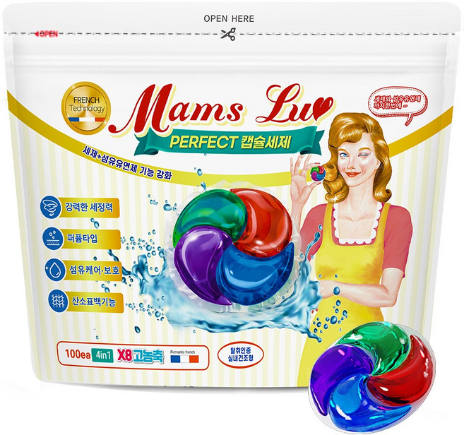 맘스럽 퍼팩트 캡슐세제 4챔버 파우치형 국산제조 8배 초고농축 4in1 대용량 실내건조, 1개, 100개입