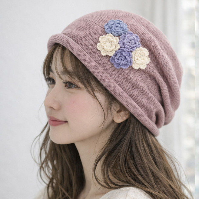 미니 플라워 라이트 여성 두건 비니