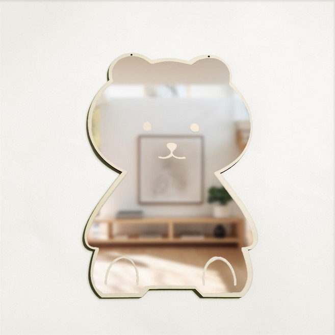이지유 어린이 아크릴 안전 거울 무타공 부착식 아이방 벽거울 선물, 우드형 웃는 곰 35X25