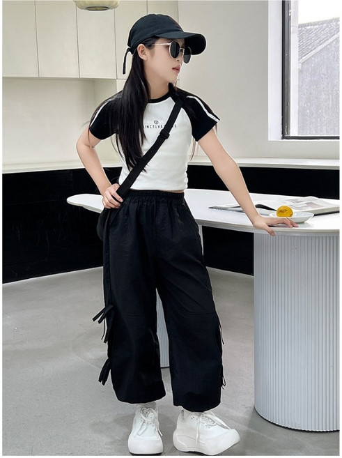 슈가푸딩 주니어 나그랑티 블랙리본팬츠세트 초등학생 중학생 여아나그랑티세트 여아크롭티 카고바지세트 리본바지세트 조거팬츠세트 여름신상 데일리룩 여아상하복 여아여름세트