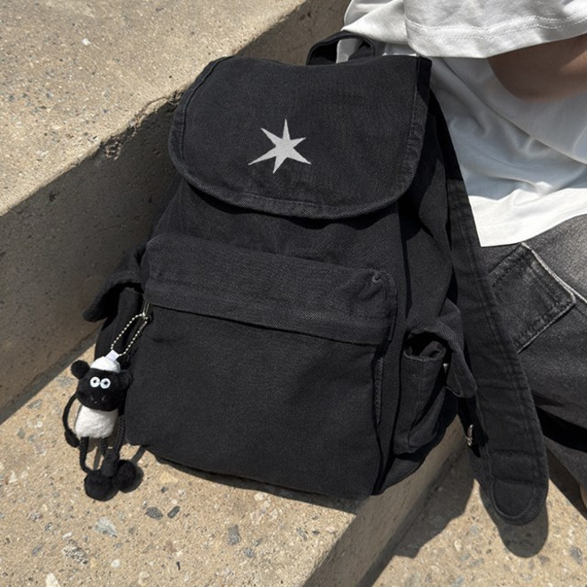 포인바이수 빈티지 워싱 데님 자수 복조리 백팩