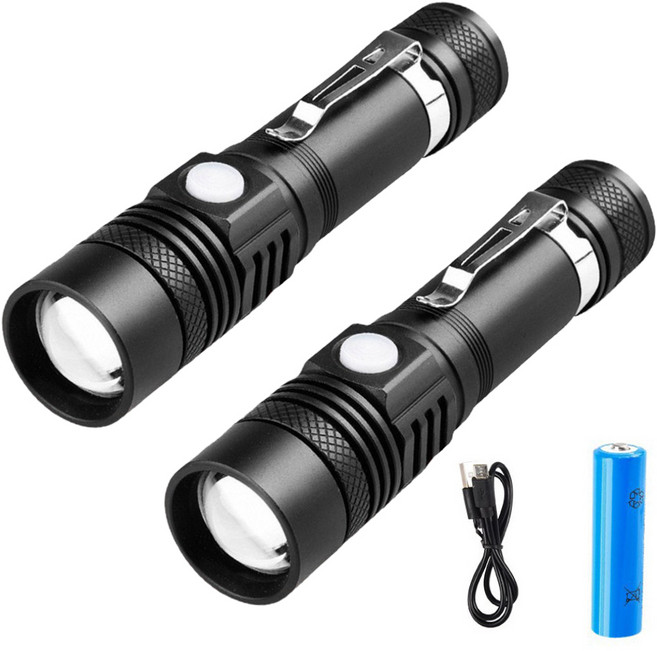 밝기조절 LED 후레쉬 18650 충전식 컴팩트 줌 써치라이트 UNIZOOM02, 1개, 블랙 2개1세트
