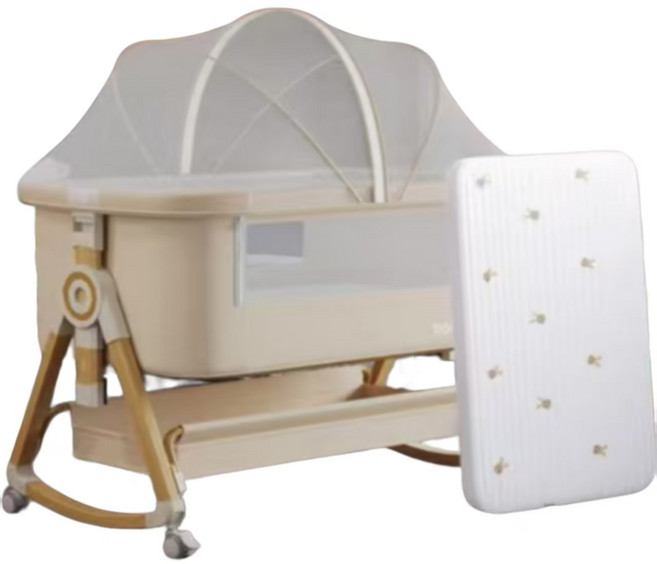 babybed 多功能嬰兒床，可拼接大床與搖籃模式, 木紋鋁-塵光漫染丨標準款A【4D空氣纖維牀墊+ins風牀笠】