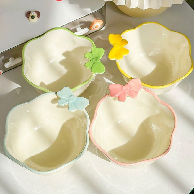 해피유통 리본 디자인 도자기 밥공기 jhljq, 4.5인치볼-4가지색상셋트, 1개