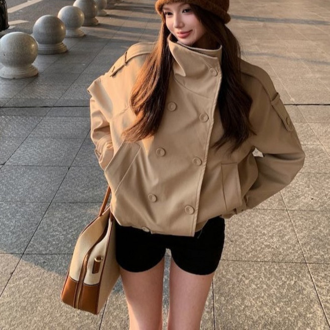 AOKADA 여성 봄 가을 루즈핏 스탠드칼라 더블 버튼 숏 트렌치 코트 캐주얼 아우터