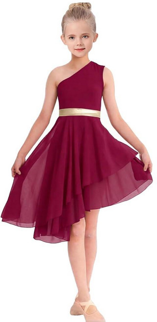ORIDOOR Oblique Shoulder Praise Dance Costume for Girls Metal Irregular Worship Ceremony Lyrical, 9~10세, 02-wine Red