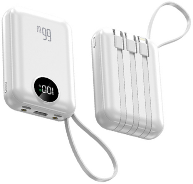 테크이지 66W 고속 충전 LED 손전등 미니 휴대용 4케이블 보조배터리 20000hAm 대용량, 화이트