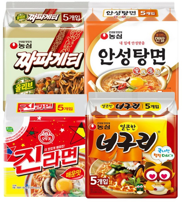 농심 오뚜기 봉지라면 짜파게티 + 얼큰 너구리 + 안성탕면 + 진라면 매운맛 멀티 각 1봉씩, 1세트