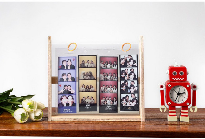 트리야 우드 포토인생 네컷 포카 바인더 액자 앨범 초음파 포토북, 내추럴+로즈골드링3mm, 4포켓, 1세트(10매)