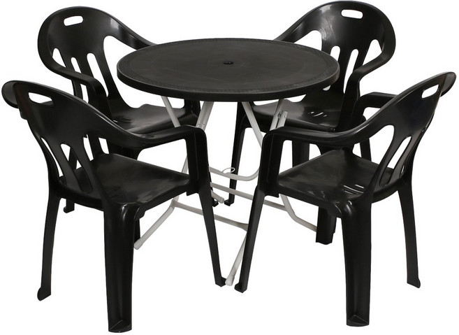 지오리빙 플라스틱 테이블 의자 세트 야외테이블세트, 원형+팔걸이의자(블랙)