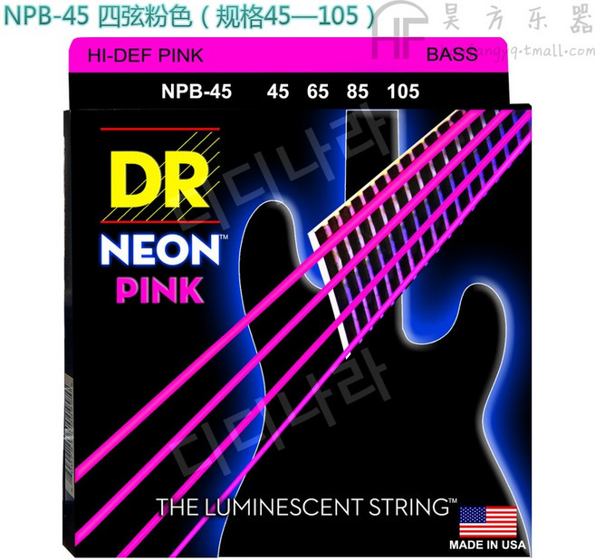 DR NEON 네온 베이스 기타줄 스트링 야광 어쿠스틱 기타 컬러 형광, 핑크 4현 45~105, 1개