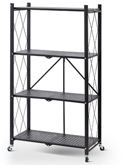 코코데모 접이식 원터치 철제 폴딩 선반, 4단, 블랙