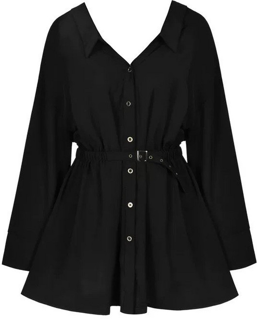 Makone 여성 셔츠카라 솔리드 캐주얼 허리조임 스트랩 트랜드 엘레강스 데일리 심플 미니 셔츠 원피스