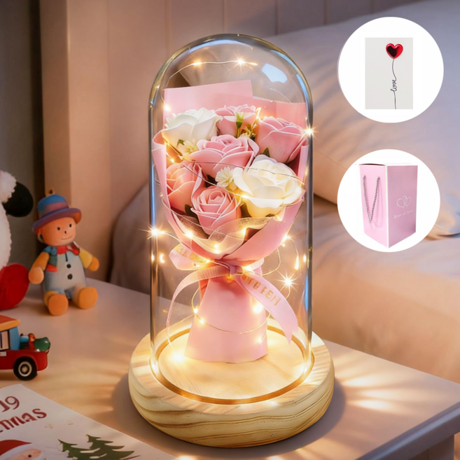 Folvia 유리돔 조화 장미 꽃다발 무드등 로즈데이 기념일 선물 미니카드 포함, 핑크